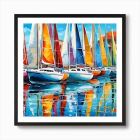 Sailboats See Their Reflection In The Ocean Of A Clear Blue Ocean Art Print