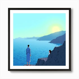 Man And Woman Looking At The Ocean Art Print