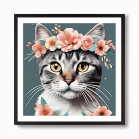 cat with floral crown Art Print