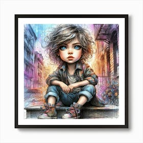 Little Boy Sitting On Steps 1 Art Print