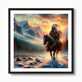 Oil Texture Native American Indian On Horseback In The Mountains 2 Copy Art Print