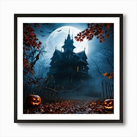 A Fiercely Blazing Haunted House Banner Devilishly Shadowed And Skittish Across The Eerie Pattern O (1) Art Print