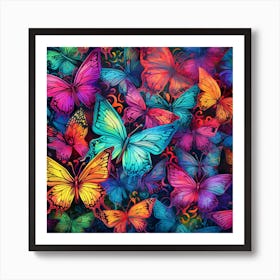 Colorful Butterflies On A Black Background 1 Art Print