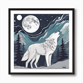 Sticker Art Design, Wolf Howling To A Full Moon, Kawaii Illustration, White Background, Flat Colors, (4) 1 Art Print