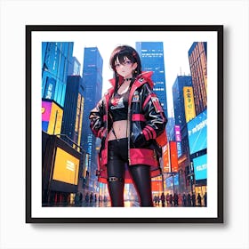 A Cyberpunk Girl With A Cool Gaze, Standing Amidst The Towering Buildings Of A Futuristic City Art Print