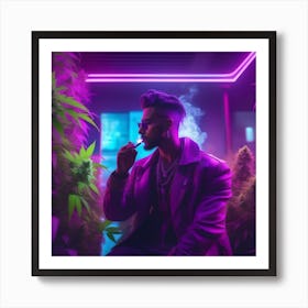 Man Smoking Marijuana In Neon Lights Art Print