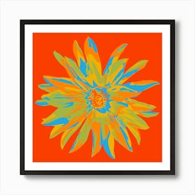 DAHLIA BURSTS Single Abstract Blooming Floral Summer Bright Flower in Orange Yellow Lime Green Blue on Coral Red Art Print