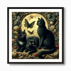 Black Cats At The Moon Art Print