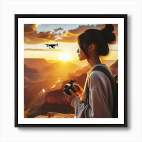 The Grand Canyon at its Finest: A Drone Camera and a Woman Travel Vlogger’s Silhouette in the Golden Light Art Print