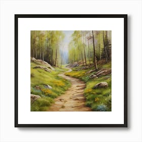 Path In The Woods.A dirt footpath in the forest. Spring season. Wild grasses on both ends of the path. Scattered rocks. Oil colors.3 Art Print