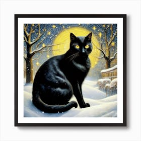 Winter Black Cat Art Print