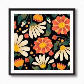 Retro Daisies In Black Square Art Print