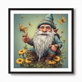 Sunflower Gnome With Bee Funny Hippie Gnome 1 Art Print