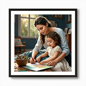 Mother And Daughter Coloring Art Print