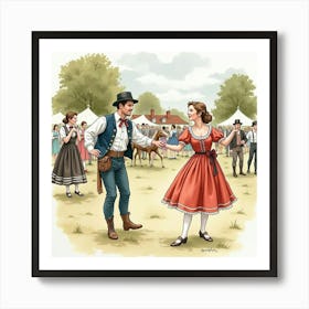 A Watercolor Of People Participating In A Traditional English Country Dance At A Village Fete 1 Art Print