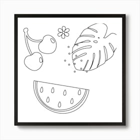 Cherry Watermelon Fruit Food Summer Tropical Line Art Art Print