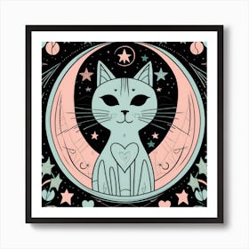 Cat On The Moon whimsical minimalistic line art Art Print