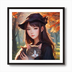 Anime Girl With Cat Art Print