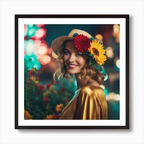 An Artwork Depicting A Smile Women, Big Tits, In The Style Of Glamorous Hollywood Portraits, Green R (3) Art Print