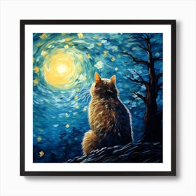 Moonlit Night, Van Gogh Inspired Cat Art Print Art Print