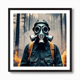 Man In Gas Mask In Forest Art Print