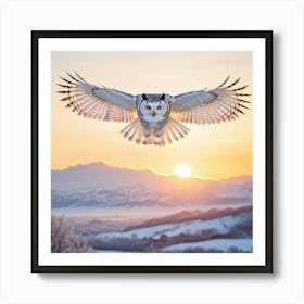 A Snow White Majestic Owl In Mid Flight Rays Of Soft Morning Light Illuminating Its Yellow Lumino Art Print