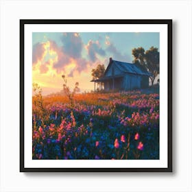 A Rustic Cottage Bathed In The Ethereal Glow Of A Heavenly Realm Landscape Art Print