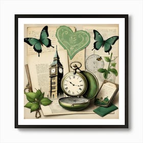 Antique Clock, Open Book, Colorful Butterfly, And Key On Table Art Print