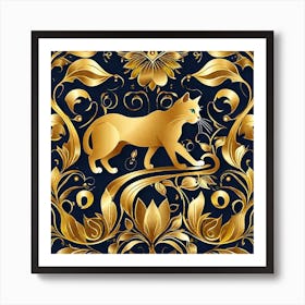 Gold Cat On A Black Background Art Print