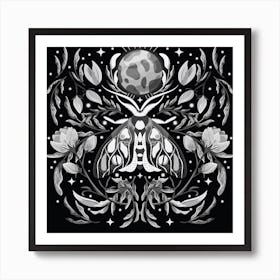 Night Black And White Moth On Floral Background And Moon Square Art Print