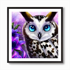 Owl With Purple Flowers 3 Art Print