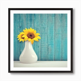 Sunflowers In A Vase On A Wooden Table Art Print