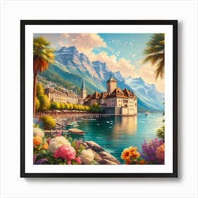 Switzerland With Lake Geneva And Chillon Castle Painting Art Art Print