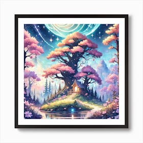 A Fantasy Forest With Twinkling Stars In Pastel Tone Square Composition 49 Art Print