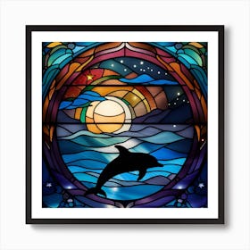 Dolphin silhouette stained glass rainbow colors Art Print