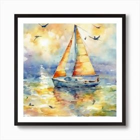 Watercolor Sailboat On The Sea Art Print