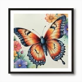 Bright Vintage Butterfly With Flowers Art Print
