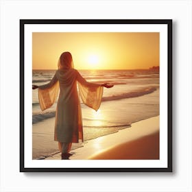 Woman On The Beach At Sunset Art Print