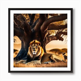 Lion And Cub Under A Tree 1 Art Print