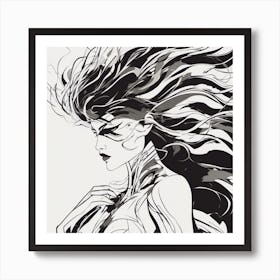 Negative Space Comic Art, Fierce Heroine, Silhouette, Black And White Backdrop, Clean Lines, Minima (9) Art Print