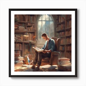 Reading In The Library Art Print