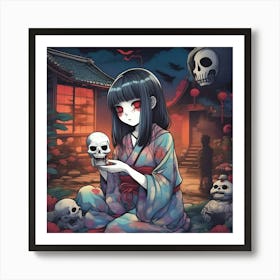 Anime Girl With Skulls Art Print