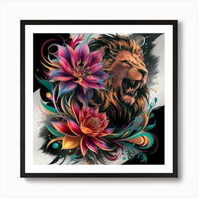 Lion And Flowers Art Print