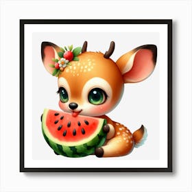 Cute Deer With Watermelon Art Print