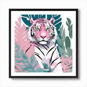 Pink Tiger Green Leaves 1 Art Print