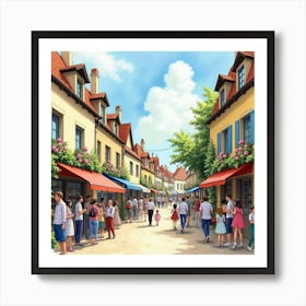 French Village Festival In Watercolor With Colorful Decorations And Lively Crowds 1 Art Print