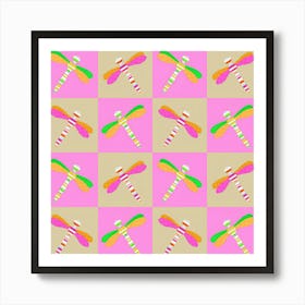 Pink And Green Dragonfly Checkerboard Art Print