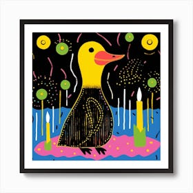 Duckling By The River Linocut Style 2 Art Print
