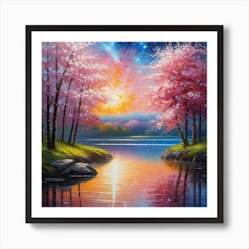 Cherry Blossoms By The Lake 4 Art Print