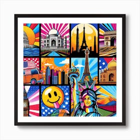 Happy Travels: A Colorful Pop Art Poster of Iconic Places Art Print